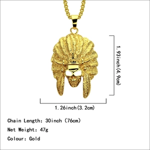 Gold Indian headdress skull pendant necklace with 30-inch chain and size dimensions