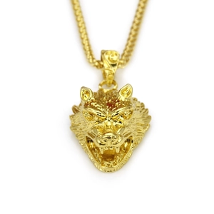 Hip hop style gold-plated wolf head pendant with thick braided chain necklace