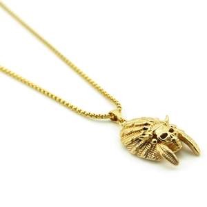 Gold hip hop Indian skull pendant necklace with detailed feather headdress on box chain