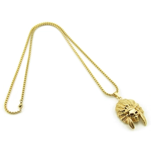 Hip hop style gold Indian chief skull pendant with feather headdress on ball chain necklace