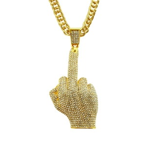 Collier hip hop avec pendentif doigt d'honneur plaqué or et strass blancs scintillants
