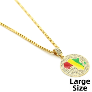 Hip hop gouden ketting met iced out Afrika-kaart hanger in rood, geel en groen emaille