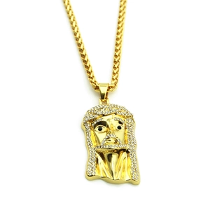 Hip-Hop-Halskette mit Jesus-Kopf-Anhänger, weißen Strasssteinen und goldener Weizenkette