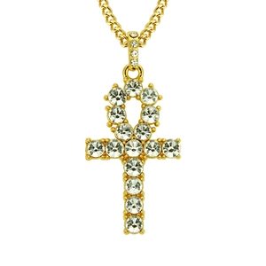 Herren Hip Hop Legierung Strass Ankh Kreuz Anhänger Halskette Ägyptischer Lebensschlüssel Gold Silber Panzerkette Schmuck
