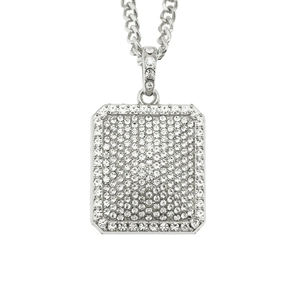 Detailed view of rectangle military pendant with sparkling rhinestones on Cuban chain