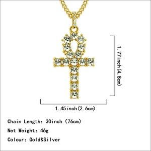 Vergoldete Hip-Hop-Ankh-Kreuz-Halskette mit Zirkonia-Steinen und langer Panzerkette für Herren