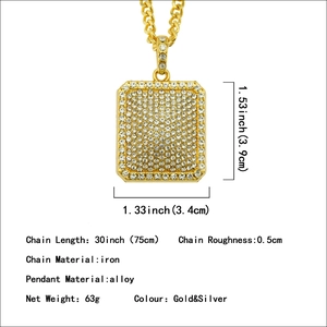 Iced out hip hop rectangle dog tag pendant necklace with gold plated cuban chain