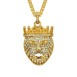 Hip Hop Lion Head Crown Pendant Necklace Gold Plated Alloy Rhinestone Embellished Cuban Chain Fashion Jewelry Accessory