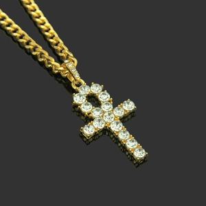 Herren Hip-Hop Halskette vergoldeter Ankh-Kreuz Anhänger mit funkelnden Strasssteinen