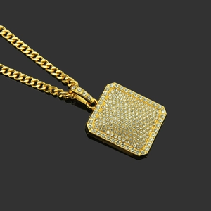 Hip hop gold square pendant necklace with iced-out rhinestones and heavy cuban chain link