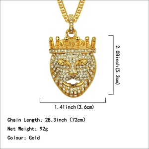 Hiphop iced out lion head pendant with crown and gold Cuban chain for men