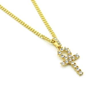 Herren Hip Hop Kette mit vergoldetem Ankh-Anhänger und Zirkonia Steinen Besatz