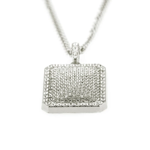 Silver hip hop square pendant necklace with full iced out rhinestones on Cuban chain
