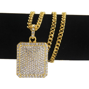 Hip hop style gold-plated necklace featuring a rectangle iced-out pendant and cuban chain