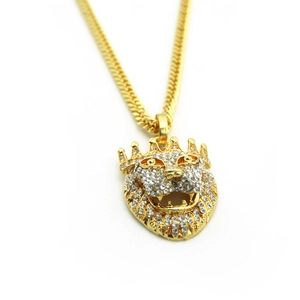 Hiphop gold plated crown lion head pendant necklace with shiny rhinestones for men