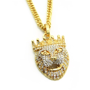 Hiphop gold plated lion head pendant necklace with sparkling rhinestones on cuban chain