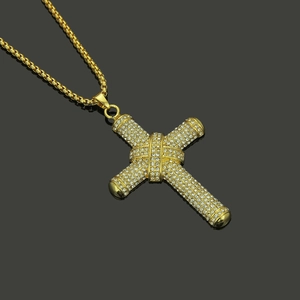 Hip hop gold plated cross pendant necklace with full iced out rhinestones on box chain