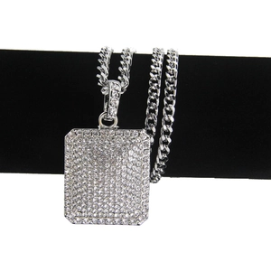 Hip hop silver dog tag necklace with full rhinestones and classic cuban link chain