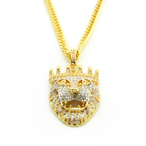 Hiphop gold lion head pendant necklace with crown and sparkling iced out crystals
