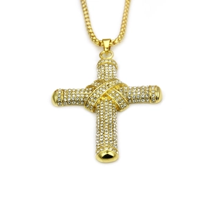 Iced out gold cross necklace with shimmering crystals and a beaded chain in hiphop style