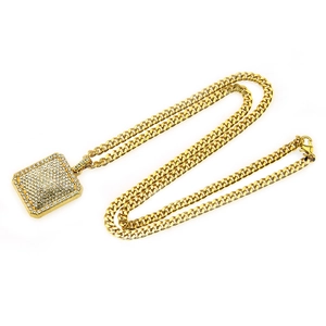 Hip-hop gold cuban chain necklace with a full iced-out rectangular dog tag pendant