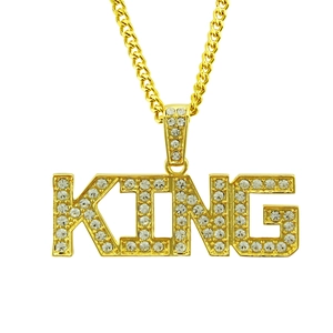 Hip Hop KING Letter Pendant Necklace Men Iced Out Rhinestone Alloy Cuban Link Chain Gold Silver Street Fashion Jewelry Necklace