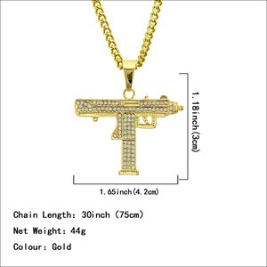 Gold hip hop Uzi submachine gun pendant necklace with iced out crystals on 30 inch chain