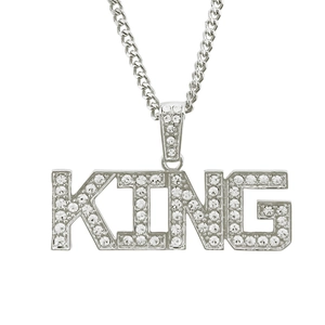 Silver hip hop KING letter pendant necklace with sparkling crystal rhinestones