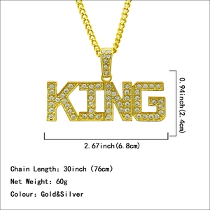 Iced out gold KING letter pendant necklace with Cuban chain for men hip hop style
