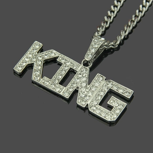 Hip hop king letter pendant necklace with silver finish and sparkling cubic zirconia