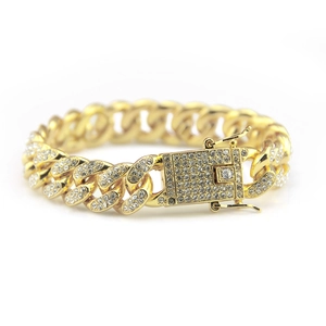 Pulsera cubana dorada de 12mm estilo hip hop con pedrería y cierre de seguridad doble
