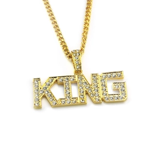 Hip hop style gold King letter pendant necklace with sparkling rhinestones on Cuban chain