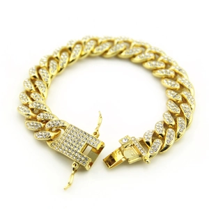 Bracciale Cuban link dorato hip hop da uomo con strass e chiusura a farfalla