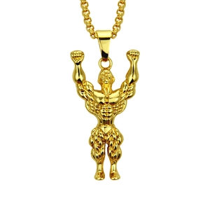 Golden bodybuilder muscular pendant on a box chain for men's hip-hop fashion style