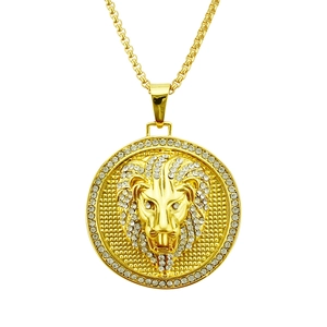 Hip hop lion head medallion necklace in gold finish with white crystal accents