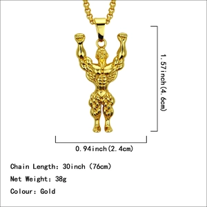Muscular male bodybuilder pendant necklace in gold finish with box chain for men