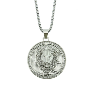 Hip hop lion head medallion necklace with silver finish and sparkling crystal stones