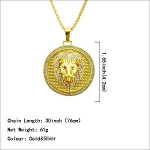Hip hop lion head medallion pendant necklace with cubic zirconia and 30-inch gold box chain