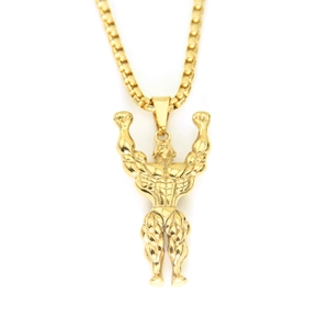 Detailed close-up of a gold box chain with a muscular bodybuilder silhouette pendant