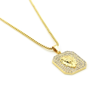 Detail van vergulde leeuwenkop hanger met fonkelende strasstenen aan een box ketting