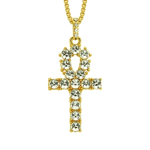Collier avec Pendentif Croix Ankh en Strass pour Hommes Femmes Hip Hop Alliage Or Argent Couleur Croix de Vie Égyptienne Chaîne Maille Bijoux