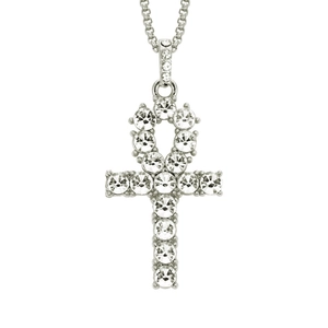 Collier Ankh égyptien hip hop avec pendentif serti de cristaux brillants argentés
