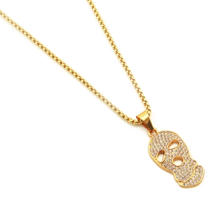 Collier hip-hop doré avec pendentif masque de squelette et cristaux sur chaîne box