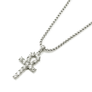 Collier avec pendentif croix d'Ankh argentée et strass brillants pour homme