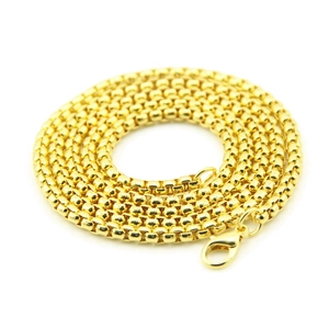 Detail of golden box chain necklace with lobster clasp closure on white background