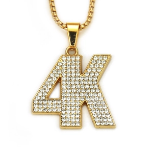 Macro view of 18K gold plated 4K pendant necklace with iced out rhinestones and box chain
