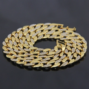 Men's 18K gold plated Cuban link necklace with iced out pave diamonds in hip hop style
