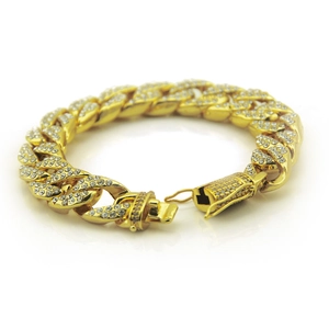 Men's hip hop gold Cuban link bracelet with micro-paved rhinestones on white background