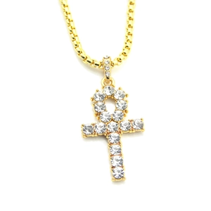 Collier pendentif croix d'Ankh dorée sertie de strass avec chaîne box style hip hop