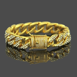 Men's Hip Hop gold Miami Cuban link bracelet featuring micro-paved white rhinestones